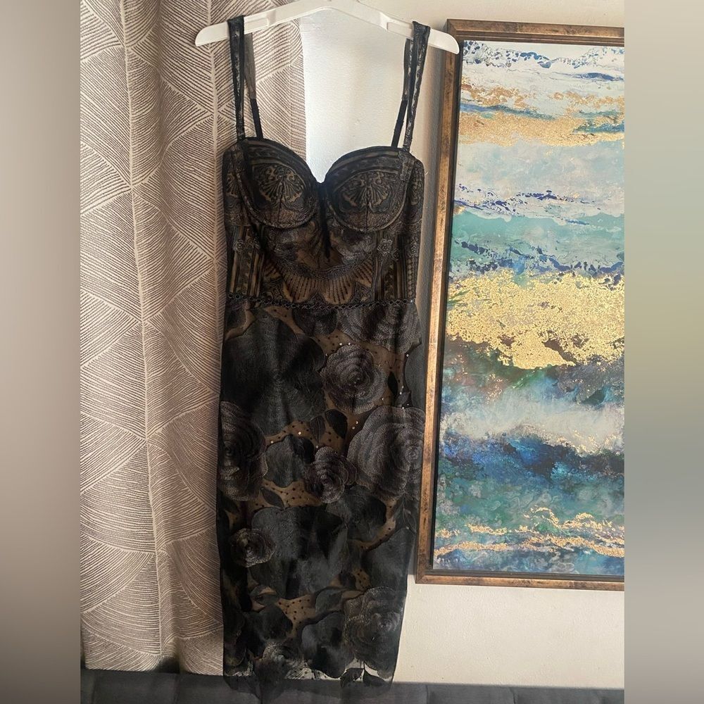 MARCHESA NOTTE Floral Embellished Mini Dress Black  NO SIZE Cocktail xs?